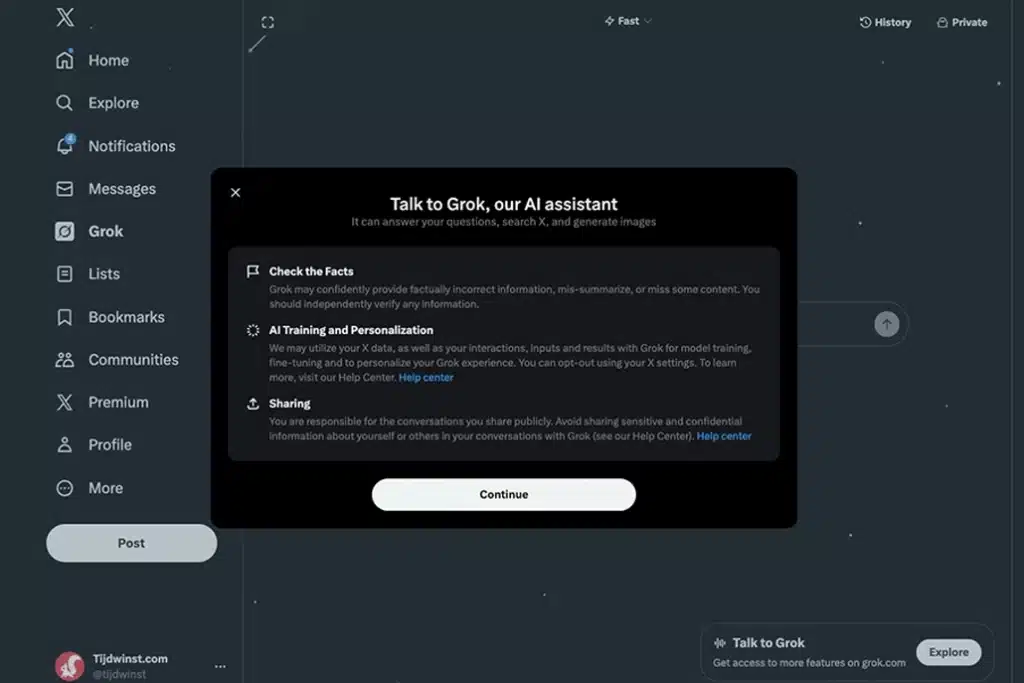 grok op X.com dashboard van tijdwinst.com