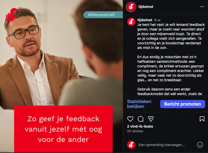 instagram post tijdwinst over hoe je feedback geeft vanuit jezelf maar met oog op de ander
