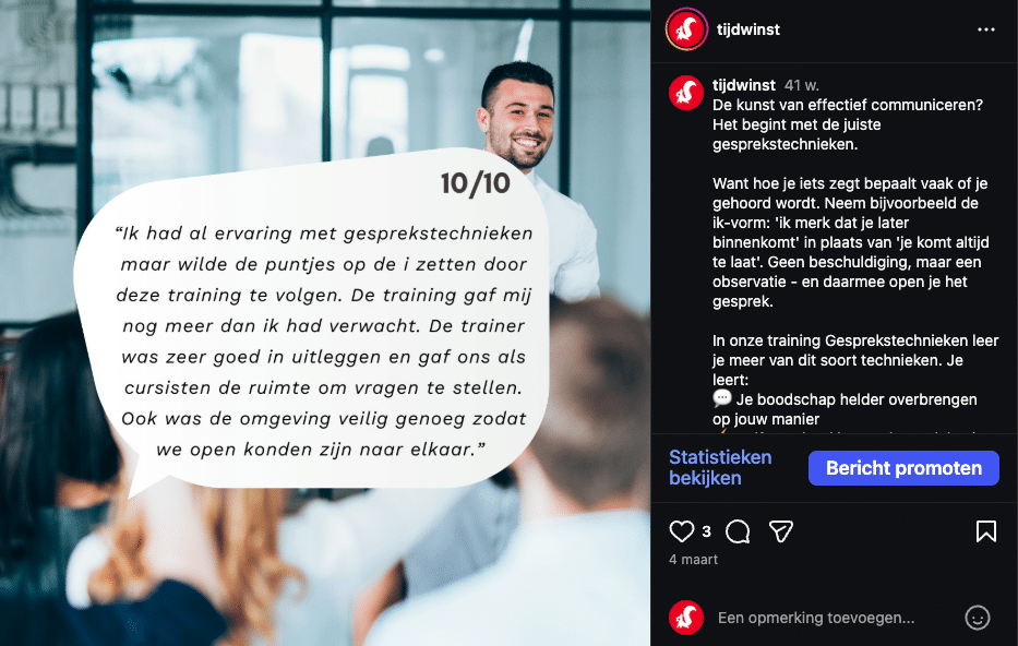 instagram post tijdwinst van een review cursus gesprekstechnieken