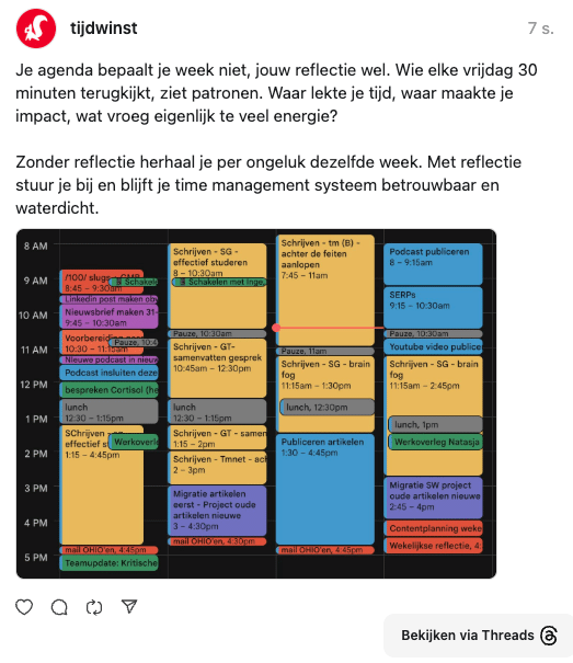 post op threads.com van tijdwinst.com over belang wekelijkse reflectie
